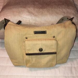 Jamaica Bay Light Cream Canvas Brown Leather Combo Shoulder Bag
